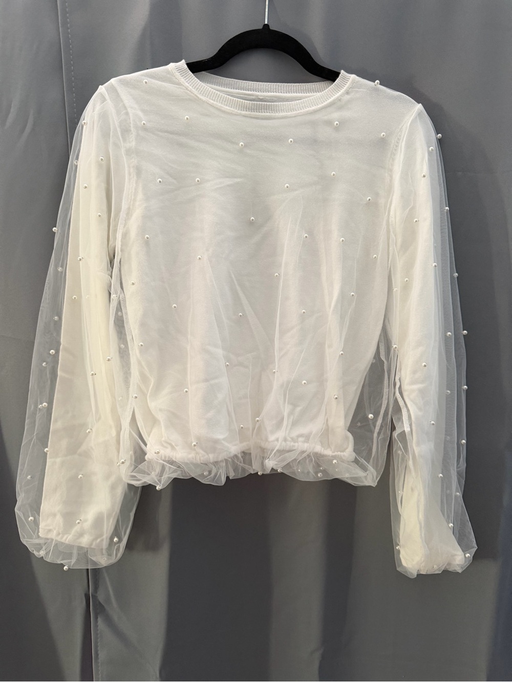 Women’s White Pearl-Embellished Sheer Mesh Sweatshirt